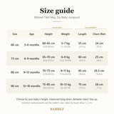 Size guide for sizes 66 to 90 cm: baby's height and weight, garment length and chest