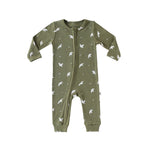 Olive Birds ribbed baby romper with a two-way zip from the neck down one leg, laid flat, front view