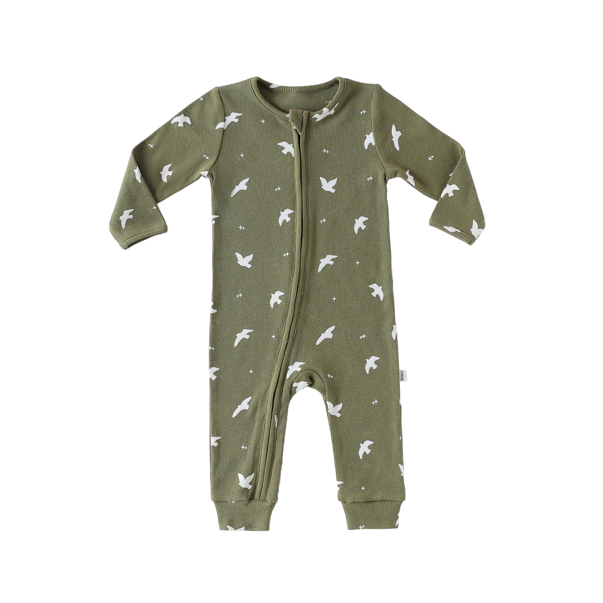 Ribbed Two-Way Zip Baby Jumpsuit – Olive Birds