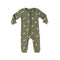 Olive Birds ribbed baby romper with a two-way zip from the neck down one leg, laid flat, front view
