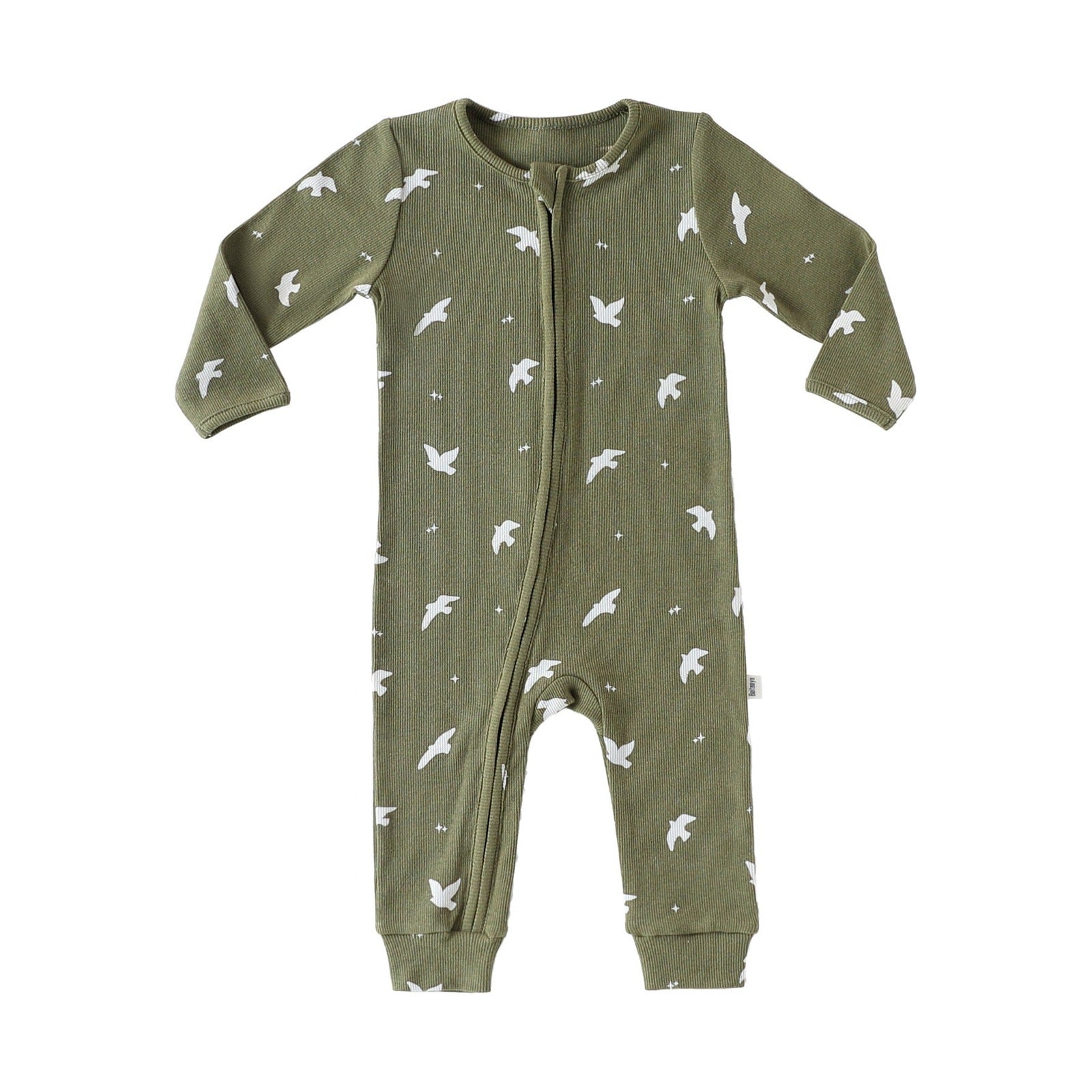Ribbed Two-Way Zip Baby Jumpsuit – Olive Birds