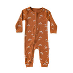 Rust Croissant ribbed baby romper with a two-way zip from the neck down one leg, laid flat, front view