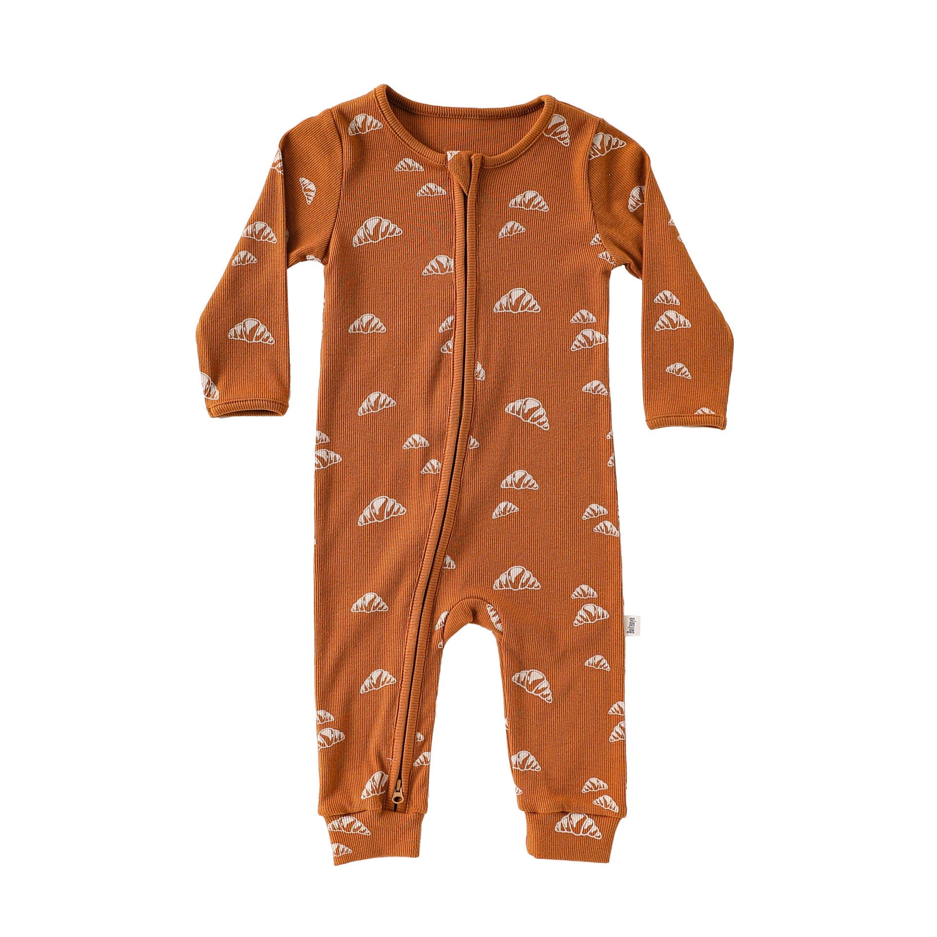Rust Croissant ribbed baby romper with a two-way zip from the neck down one leg, laid flat, front view