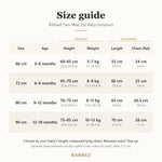 Size guide for sizes 66 to 90 cm: baby's height and weight, garment length and chest