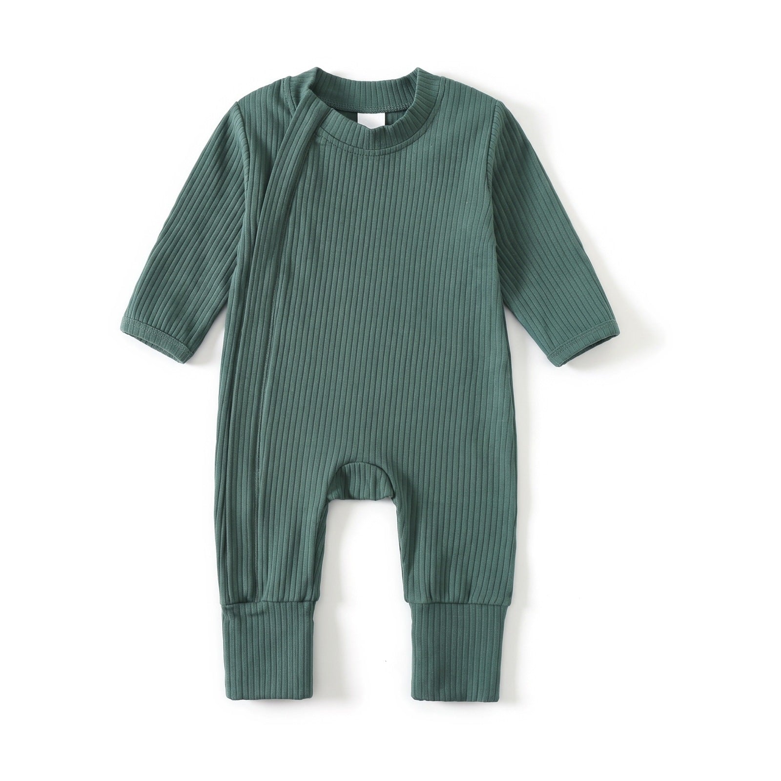 Ribbed Zip Baby Jumpsuit with Fold-Over Cuffs – Dark Green