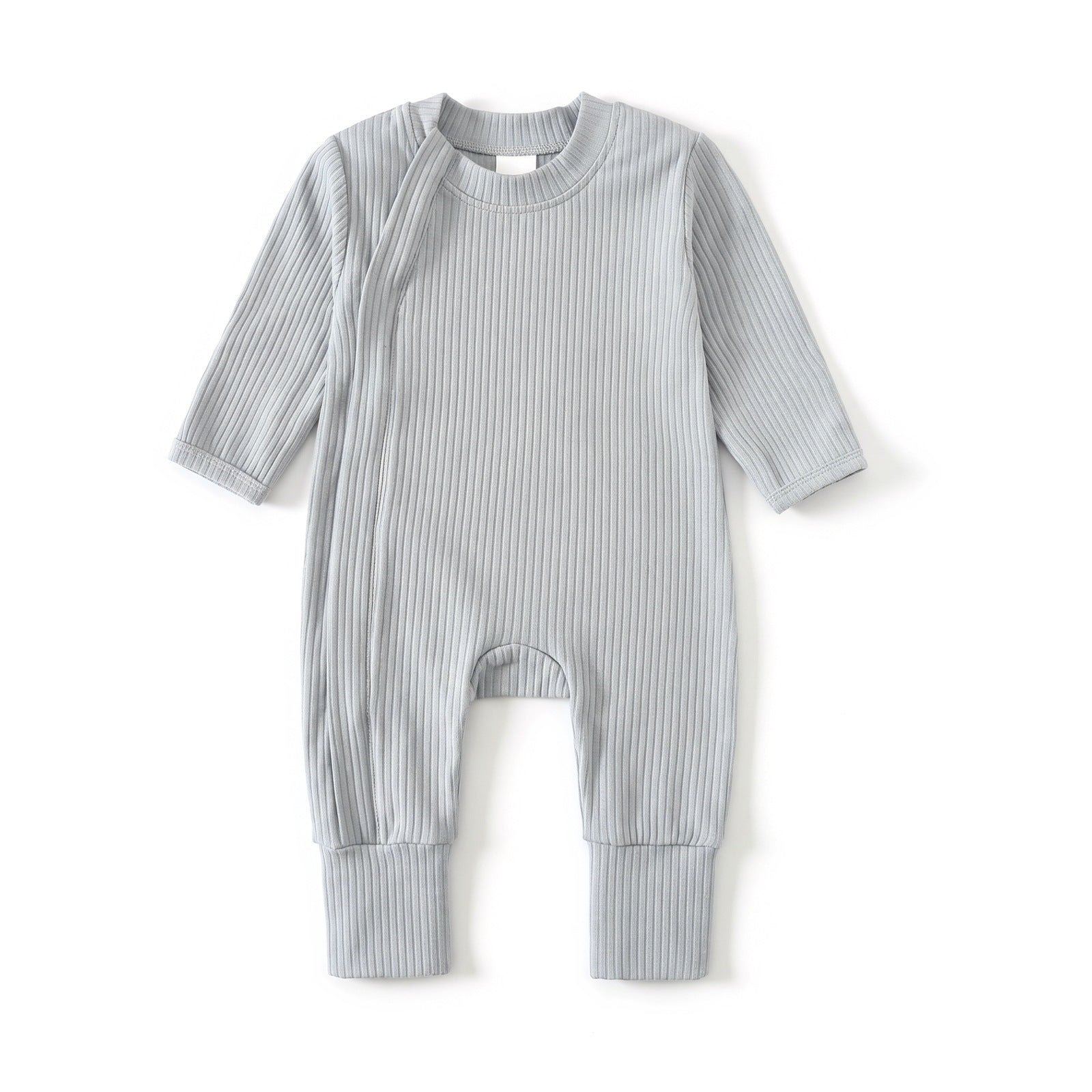 Ribbed Zip Baby Jumpsuit with Fold-Over Cuffs – Grey Blue
