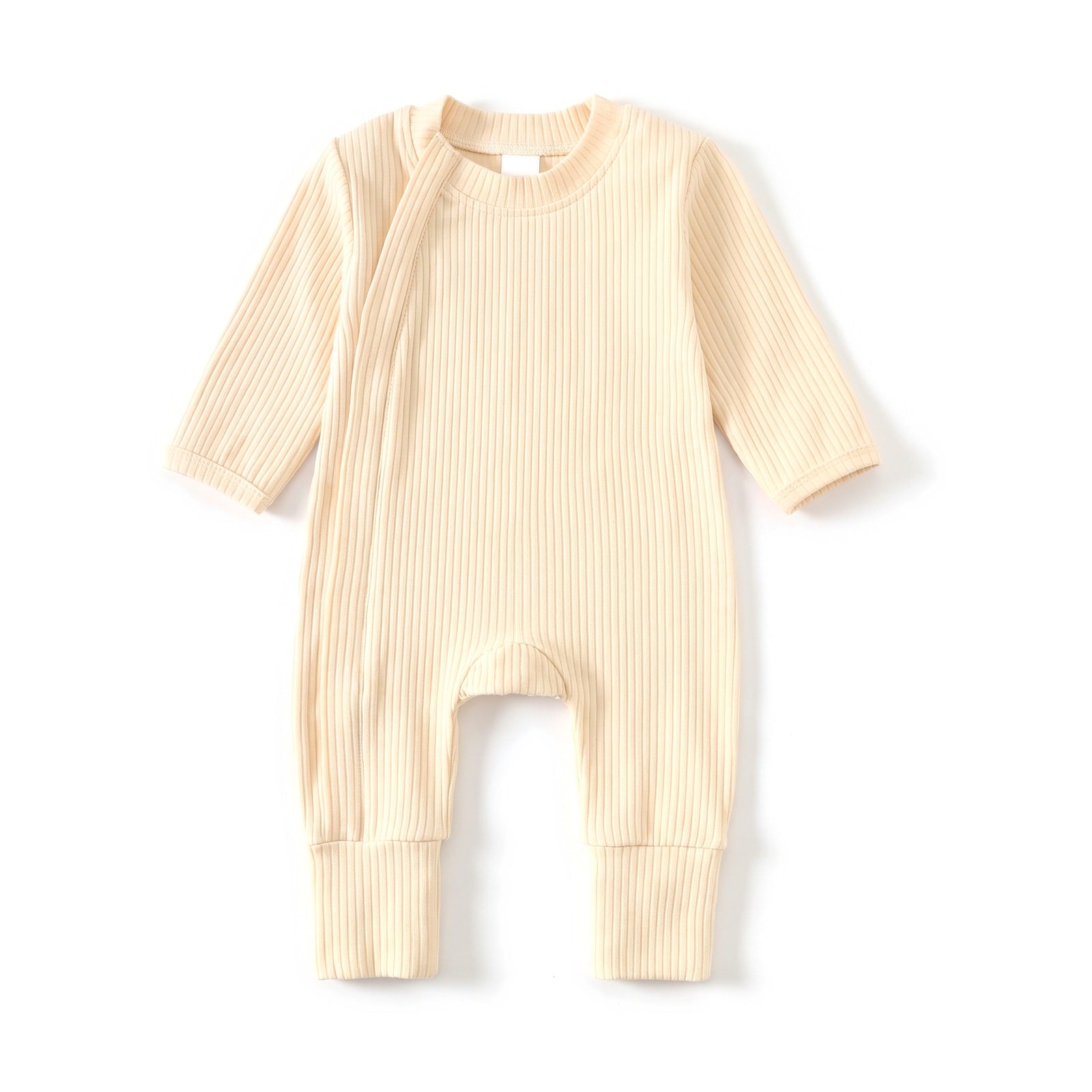 Ribbed Zip Baby Jumpsuit with Fold-Over Cuffs – Pale Apricot
