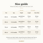 Size guide for 0 to 12 months: baby's height, garment length and chest
