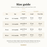 Size guide for 0 to 12 months: baby's height, garment length and chest