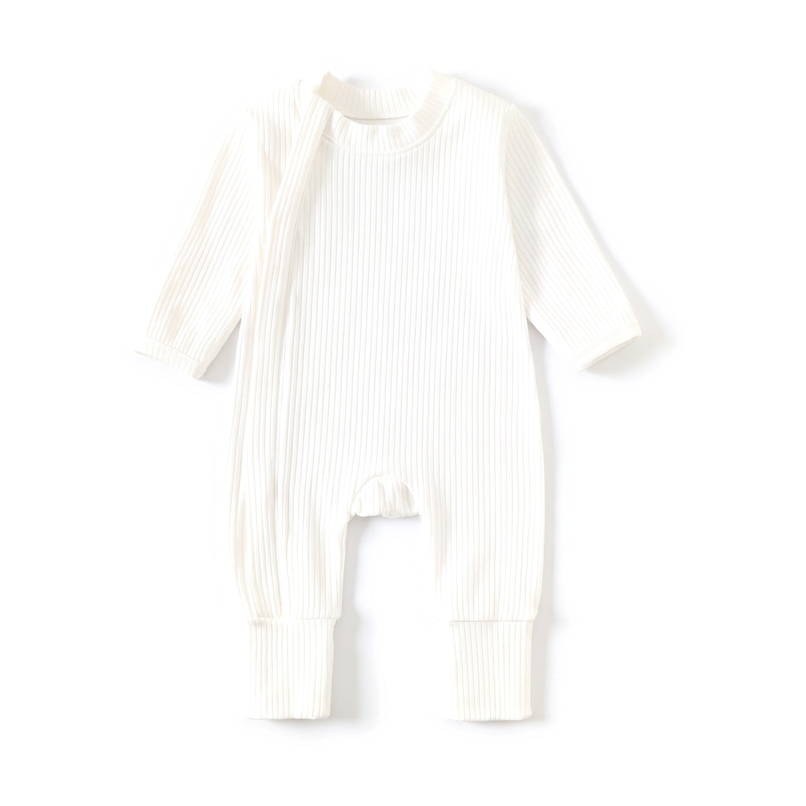Ribbed Zip Baby Jumpsuit with Fold-Over Cuffs – White