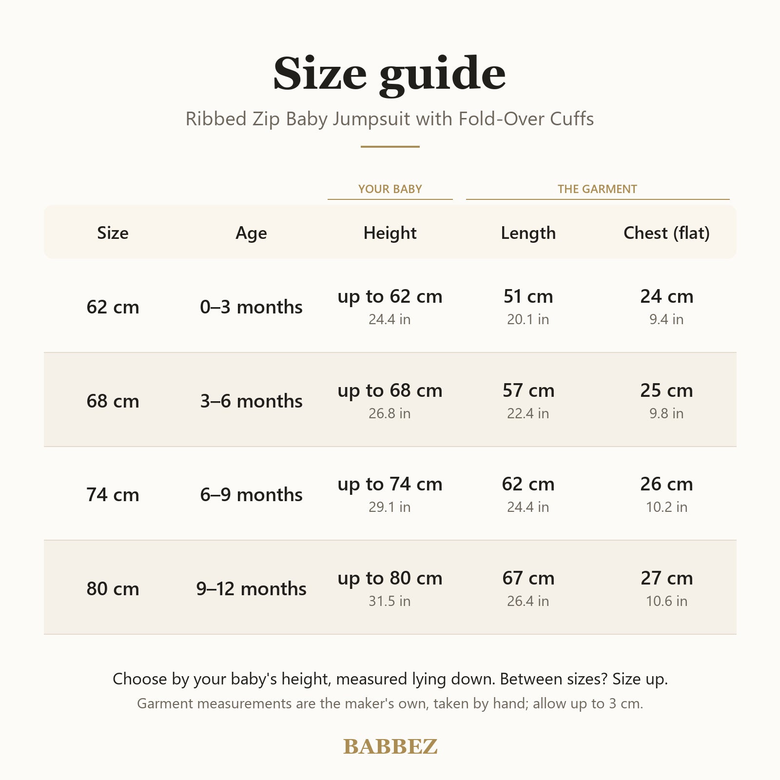 Size guide for 0 to 12 months: baby's height, garment length and chest