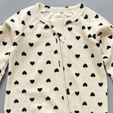 Close-up of the cream heart print, the rib knit and the top of the zip