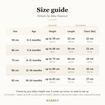 Size guide for 0 to 24 months: baby's height, garment length, chest and hip