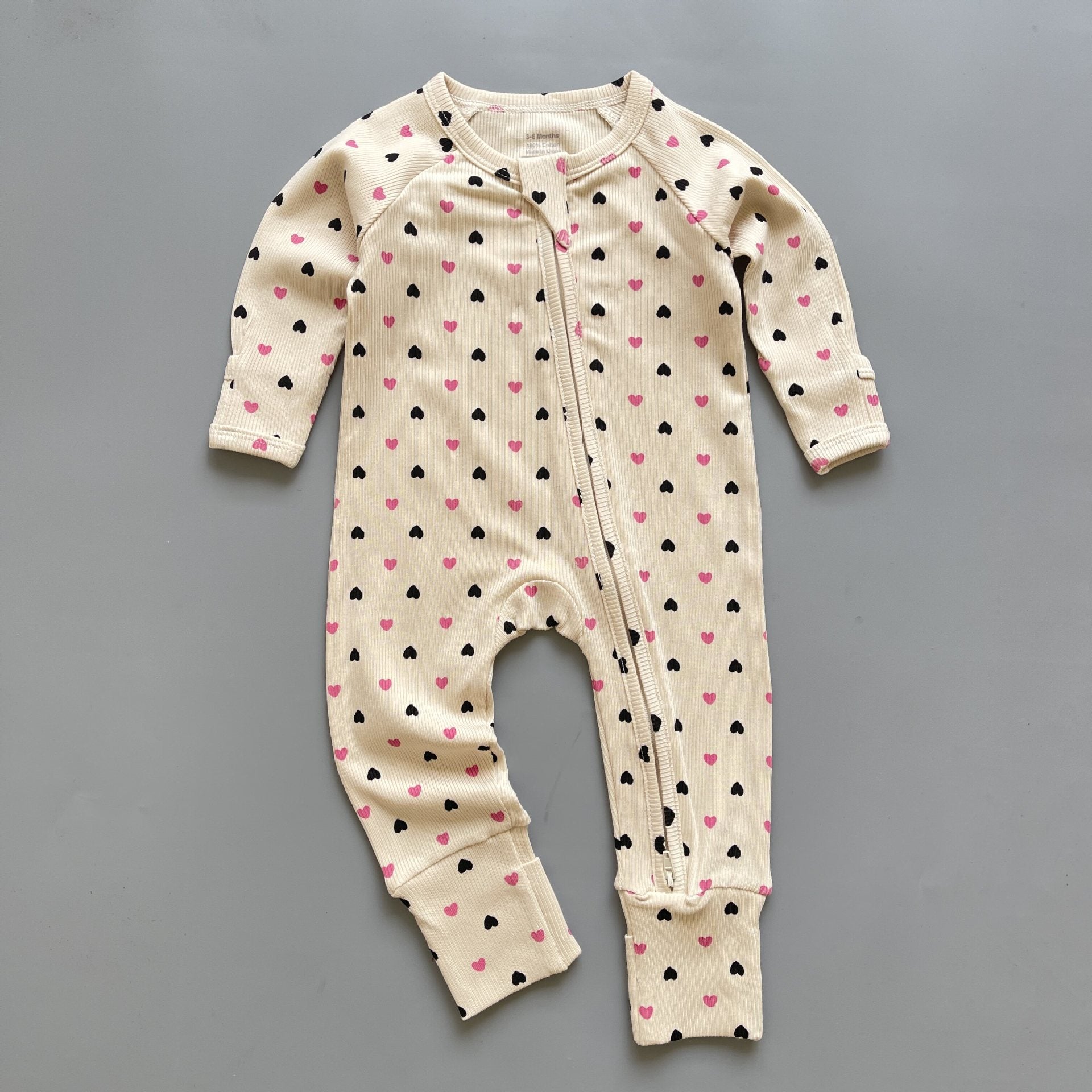 Ribbed Zip Baby Jumpsuit – Cream Pink Heart