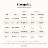 Size guide for 0 to 24 months: baby's height, garment length, chest and hip