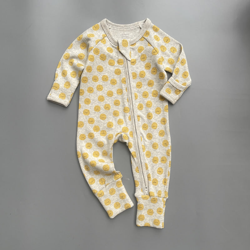 Grey sunshine ribbed zip baby sleepsuit with fold-over hand and foot cuffs, laid flat