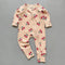 Peach cherry ribbed zip baby sleepsuit with fold-over hand and foot cuffs, laid flat