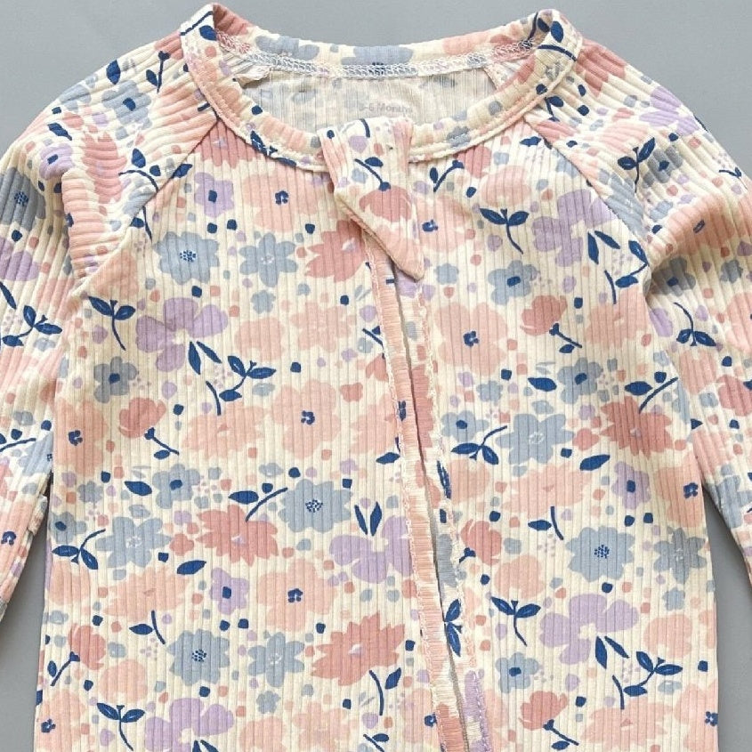 Close-up of the pink floral print, the rib knit and the top of the zip