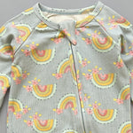 Close-up of the sage rainbow print, the rib knit and the top of the zip