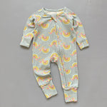 Sage rainbow ribbed zip baby sleepsuit with fold-over hand and foot cuffs, laid flat