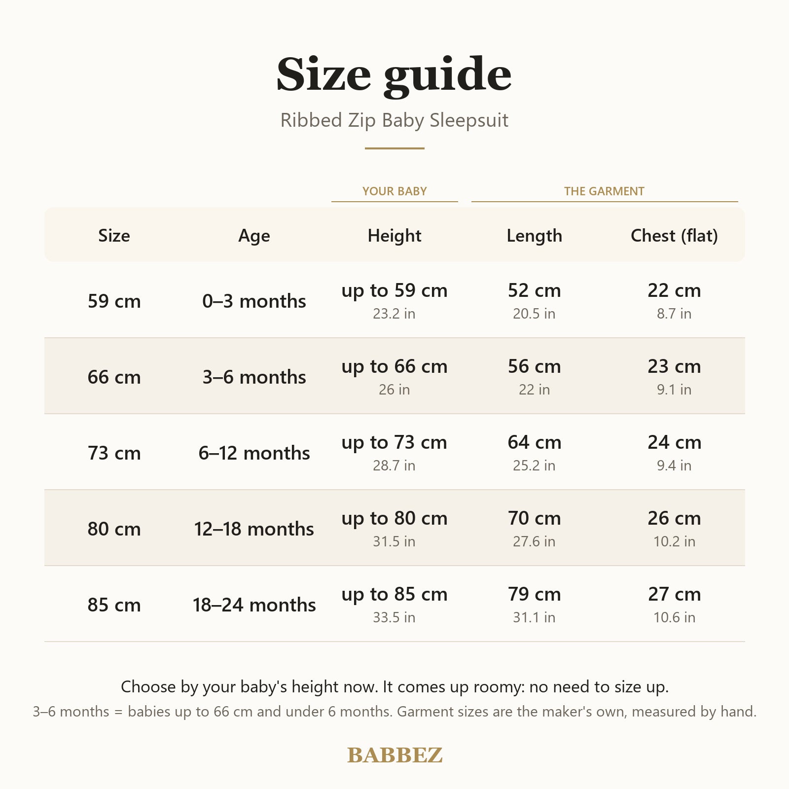 Size guide for 0 to 24 months: baby's height, garment length, chest and hip