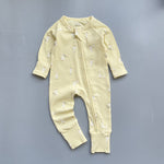 Yellow goose ribbed zip baby sleepsuit with fold-over hand and foot cuffs, laid flat