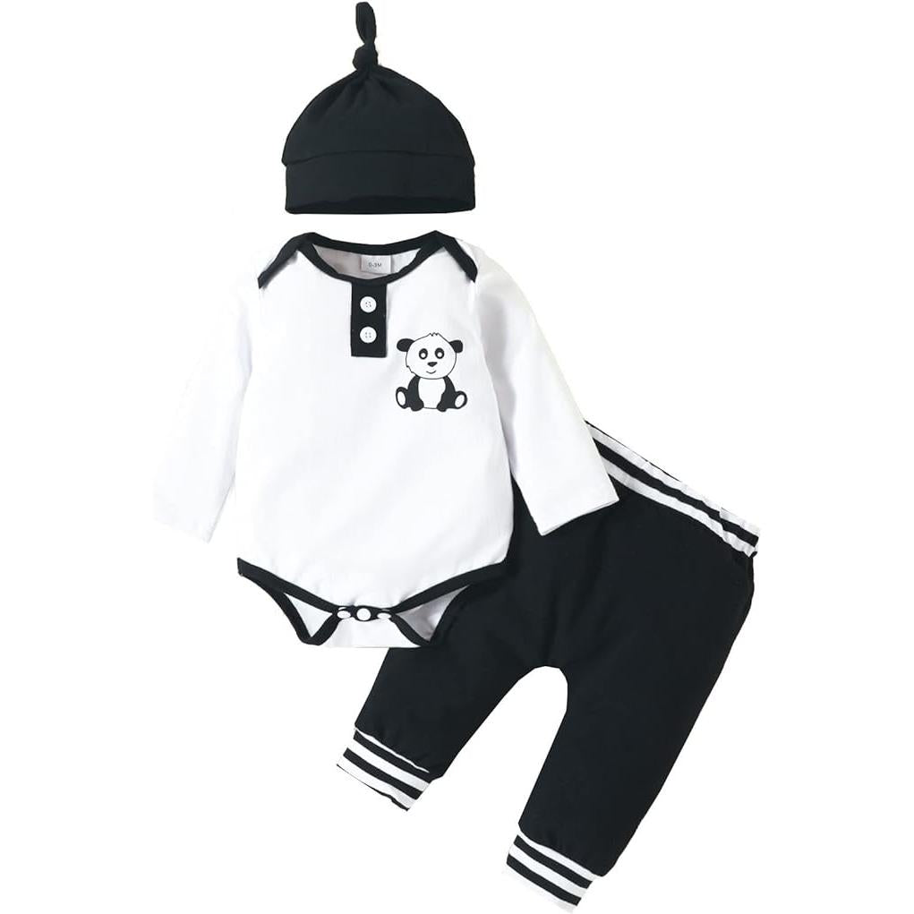 Adorable Autumn/Winter Baby Boy Clothes Set with Panda Print Bodysuit, Pants, and Hat