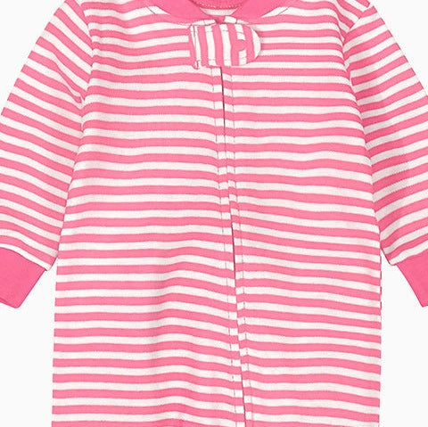 Close-up of the bright pink stripe print, the cotton jersey and the zip