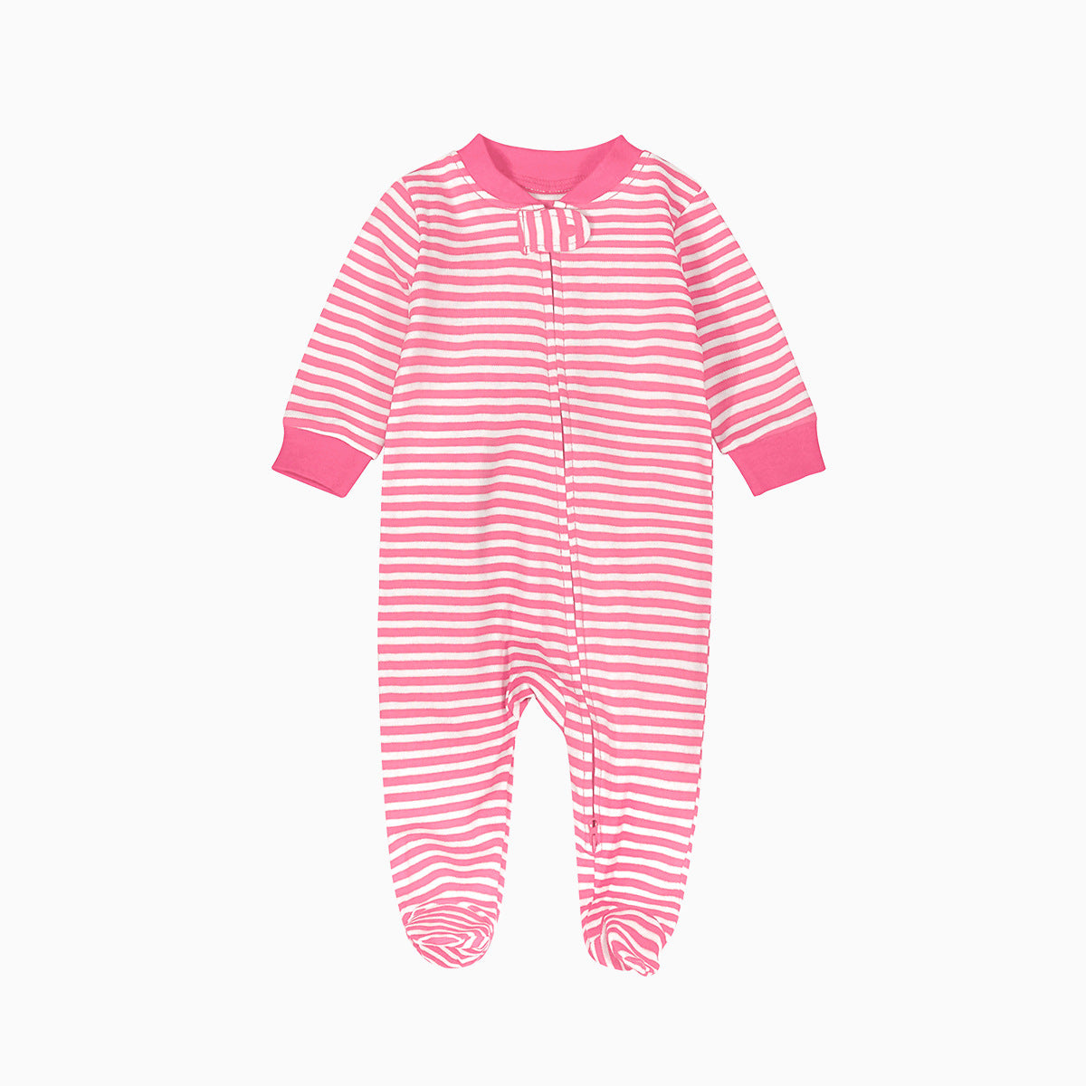 Bright pink stripe zip baby sleepsuit with covered feet and a tab at the neck, laid flat