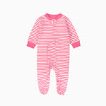 Bright pink stripe zip baby sleepsuit with covered feet and a tab at the neck, laid flat