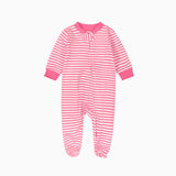 Bright pink stripe zip baby sleepsuit with covered feet and a tab at the neck, laid flat