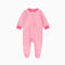 Bright pink stripe zip baby sleepsuit with covered feet and a tab at the neck, laid flat