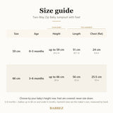 Size guide for 0 to 6 months: baby's height, garment length and chest