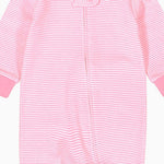 Close-up of the pale pink stripe print, the cotton jersey and the zip