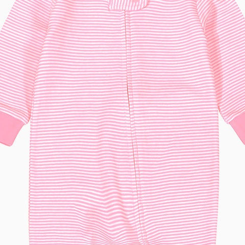 Close-up of the pale pink stripe print, the cotton jersey and the zip