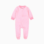 Pale pink stripe zip baby sleepsuit with covered feet and a tab at the neck, laid flat
