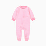Pale pink stripe zip baby sleepsuit with covered feet and a tab at the neck, laid flat