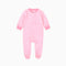 Pale pink stripe zip baby sleepsuit with covered feet and a tab at the neck, laid flat
