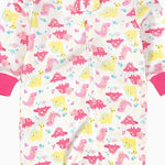 Close-up of the pink dinosaur print, the cotton jersey and the zip