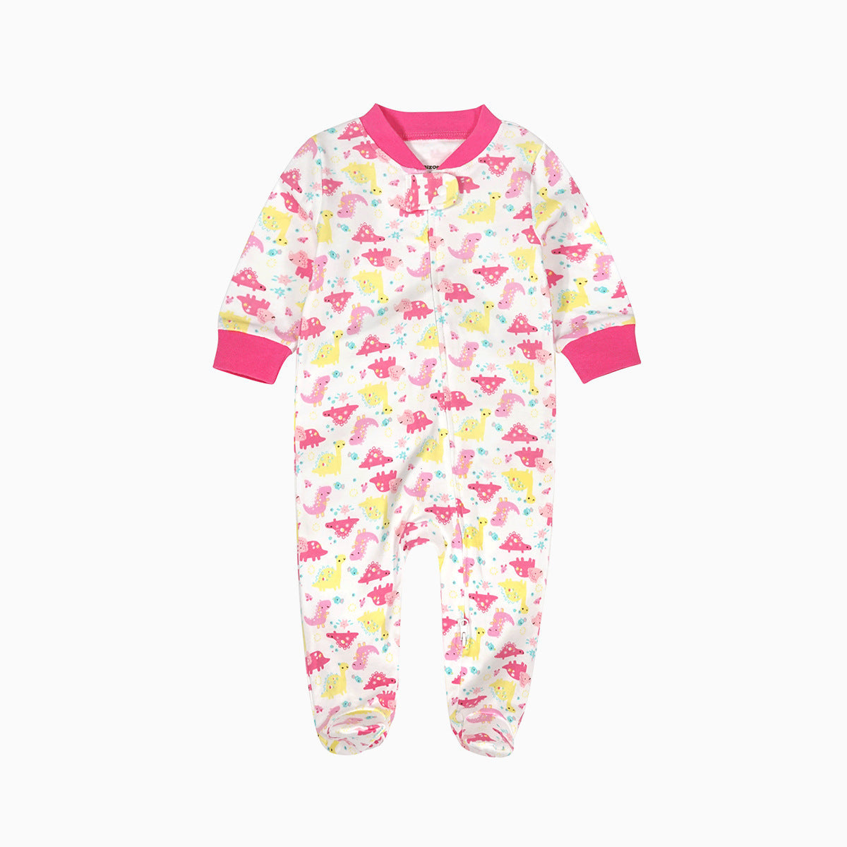 Pink dinosaur zip baby sleepsuit with covered feet and a tab at the neck, laid flat
