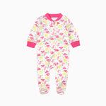 Pink dinosaur zip baby sleepsuit with covered feet and a tab at the neck, laid flat