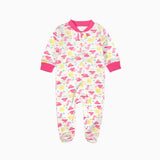 Pink dinosaur zip baby sleepsuit with covered feet and a tab at the neck, laid flat