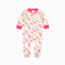Pink dinosaur zip baby sleepsuit with covered feet and a tab at the neck, laid flat