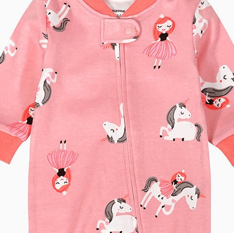 Close-up of the pink unicorn print, the cotton jersey and the zip