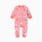Pink unicorn zip baby sleepsuit with covered feet and a tab at the neck, laid flat