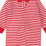 Close-up of the red stripe print, the cotton jersey and the zip
