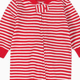 Close-up of the red stripe print, the cotton jersey and the zip