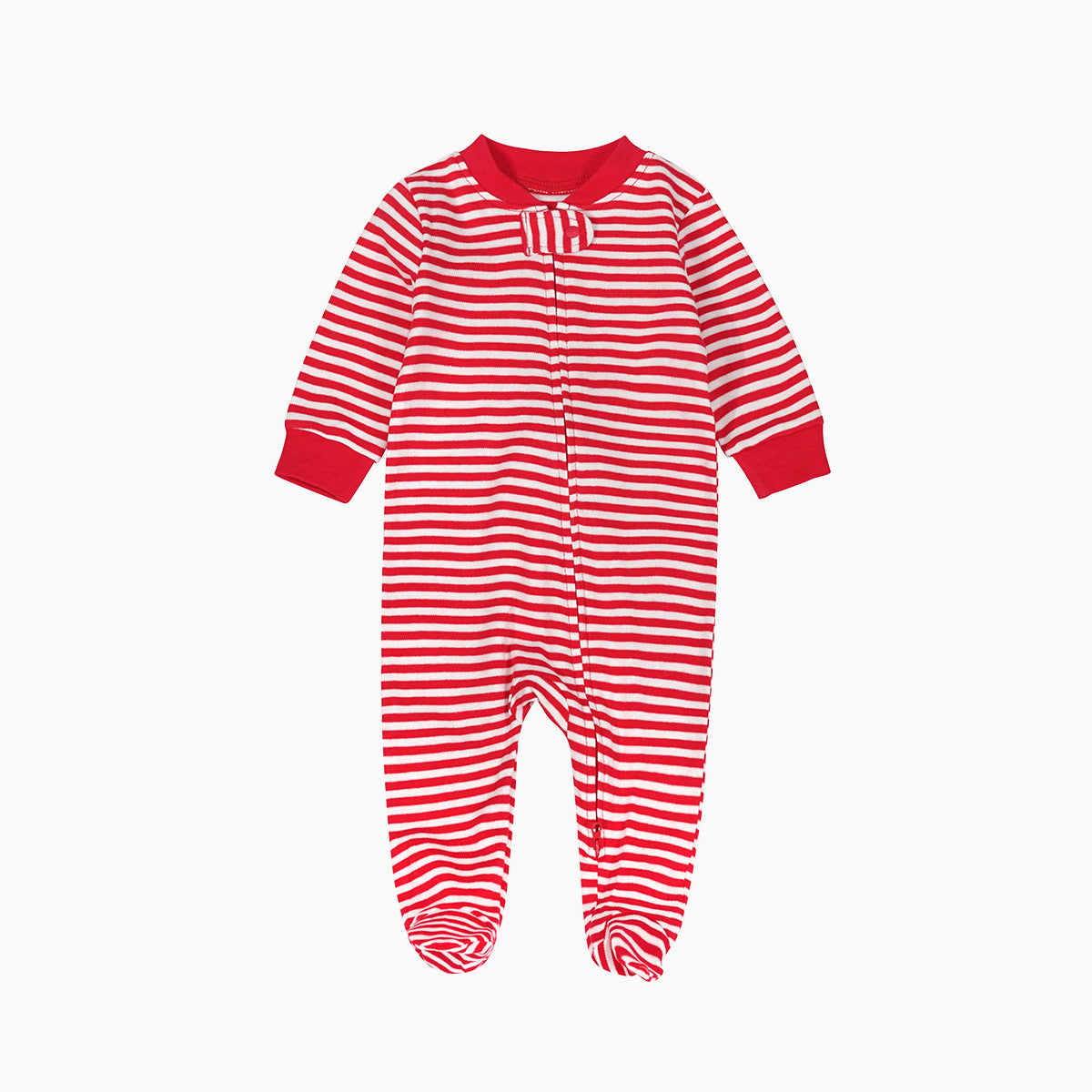 Red stripe zip baby sleepsuit with covered feet and a tab at the neck, laid flat