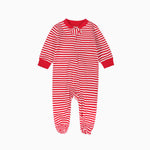 Red stripe zip baby sleepsuit with covered feet and a tab at the neck, laid flat