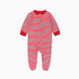 Red stripe zip baby sleepsuit with covered feet and a tab at the neck, laid flat